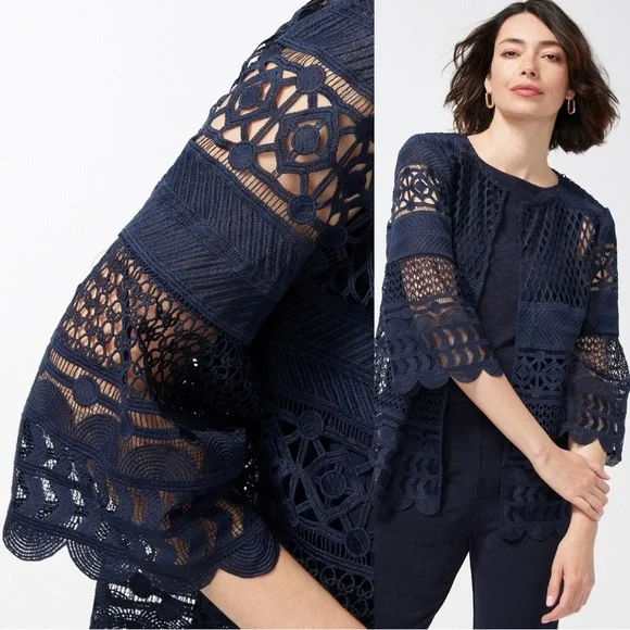 Chic Navy Lace Travelers Collection Crochet Jacket Career Events Classic Size 2